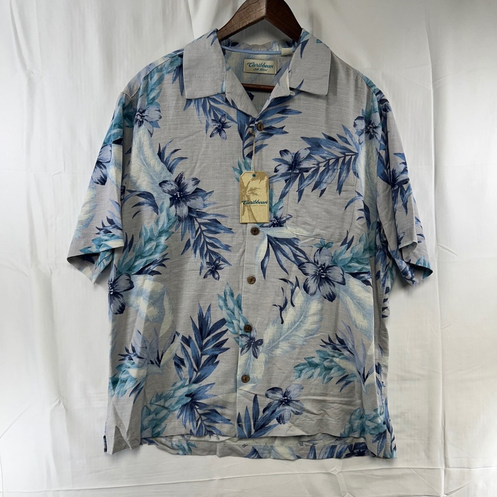 Caribbean Button Up Shirt Mens Large Grey Blue Floral Silk Blend Aloha Camp
